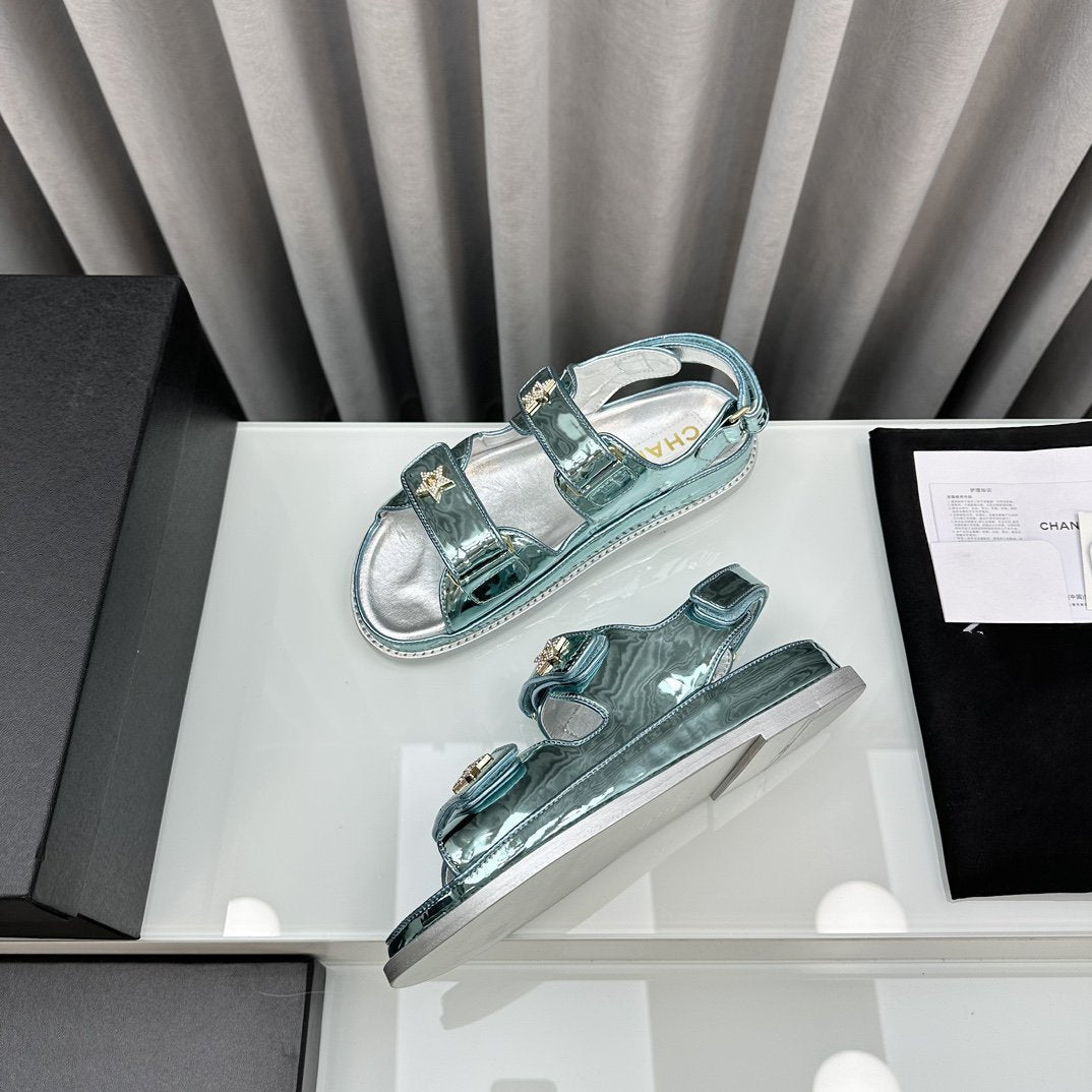 CHANEL dad sandals cloud blue metalic lambskin