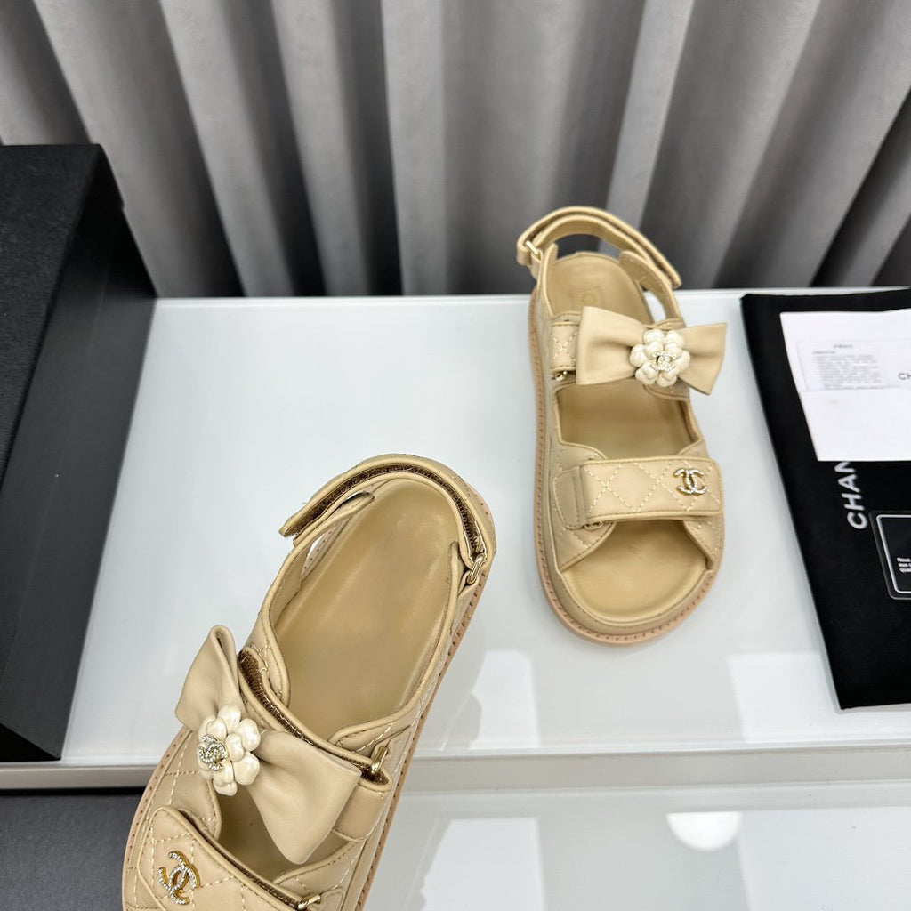 CHANEL dad sandals beige bow tie lambskin