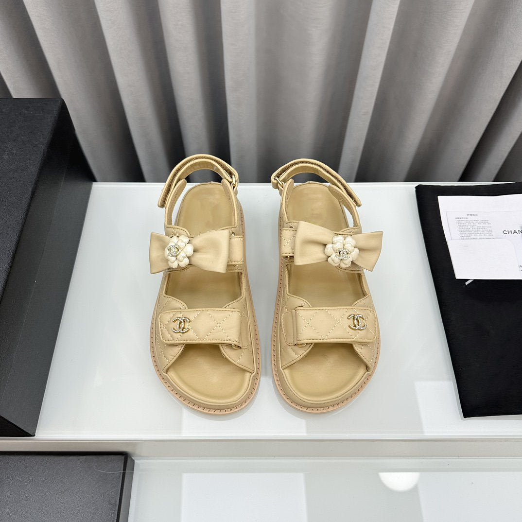 CHANEL dad sandals beige bow tie lambskin