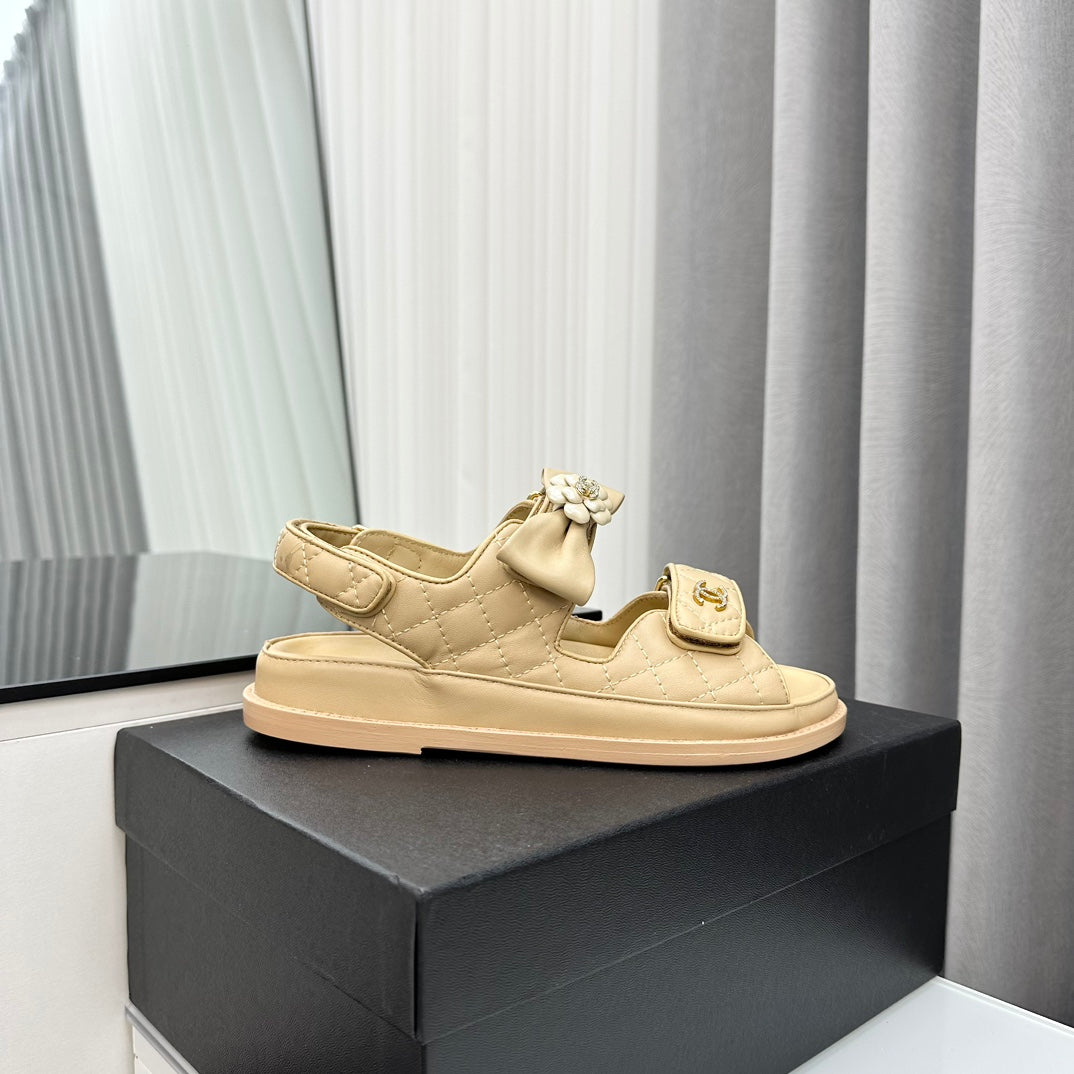 CHANEL dad sandals beige bow tie lambskin