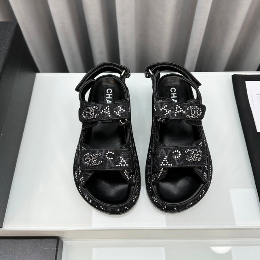 CHANEL dad sandals black denim mules