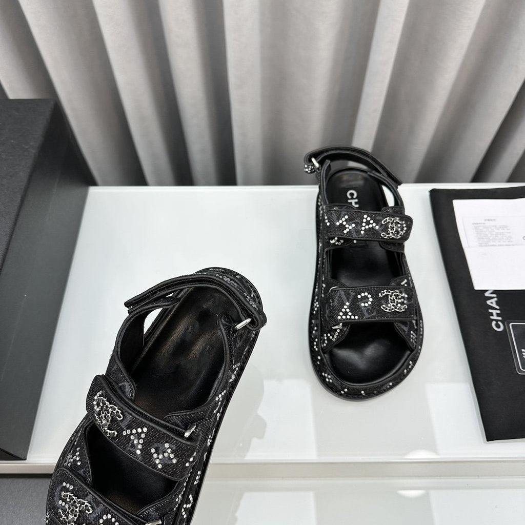 CHANEL dad sandals black denim mules