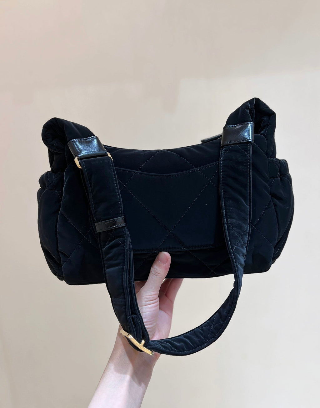 CHANEL HOBO BAG 32 IN BLACK NYLON WITH GOLD METAL