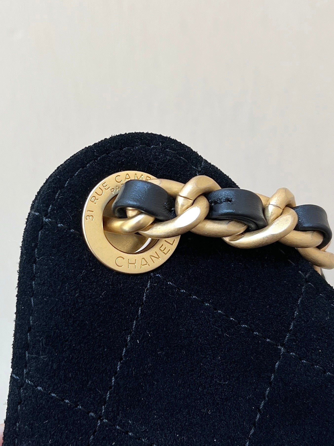 CHANEL 25 HANDBAG 30 IN BLACK SUEDE GOLD HARDWARE