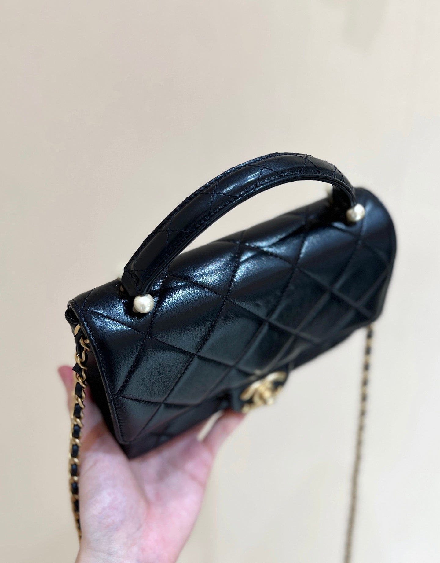 CHANEL PEARL LIMITED EDITION FLAP BAG WITH HANDLE 20 IN BLACK LAMBSKIN