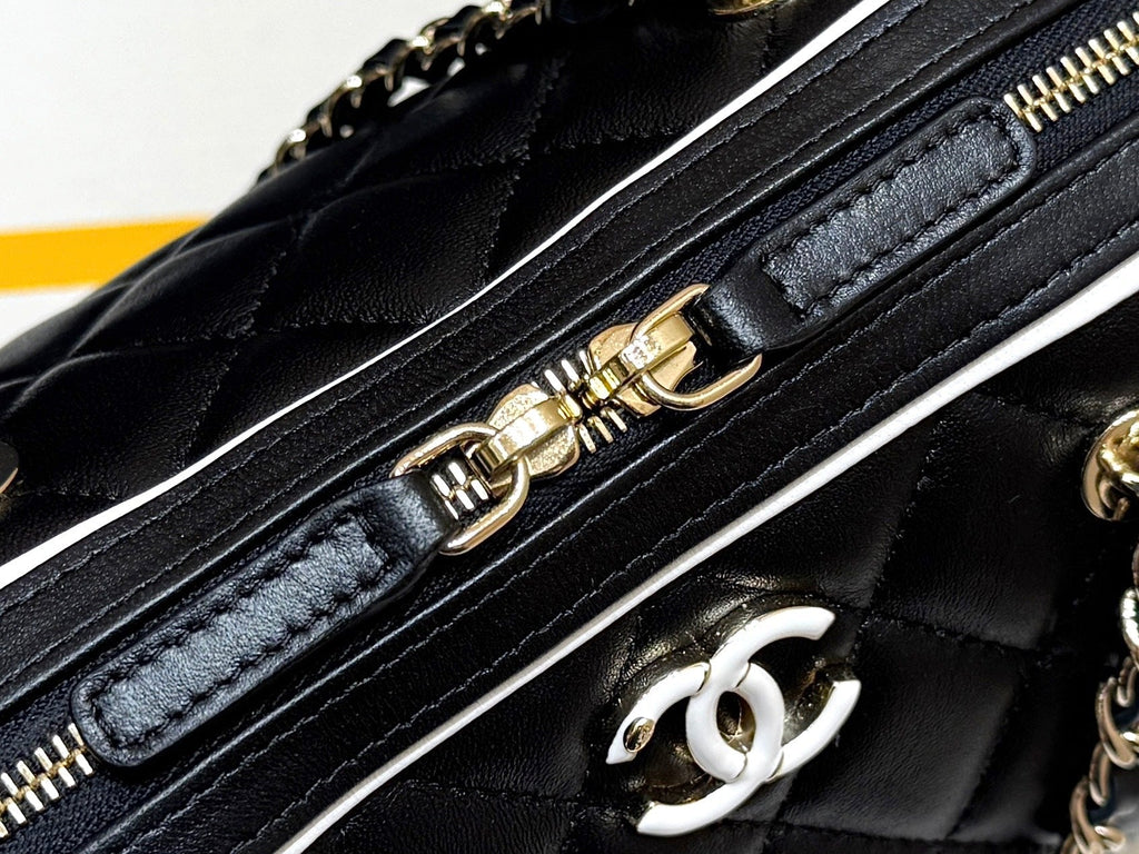 CHANEL MEITO BOSTON MATELASSE CAVIAR SHOULDER HANDBAG 18 IN BLACK LAMBSKIN