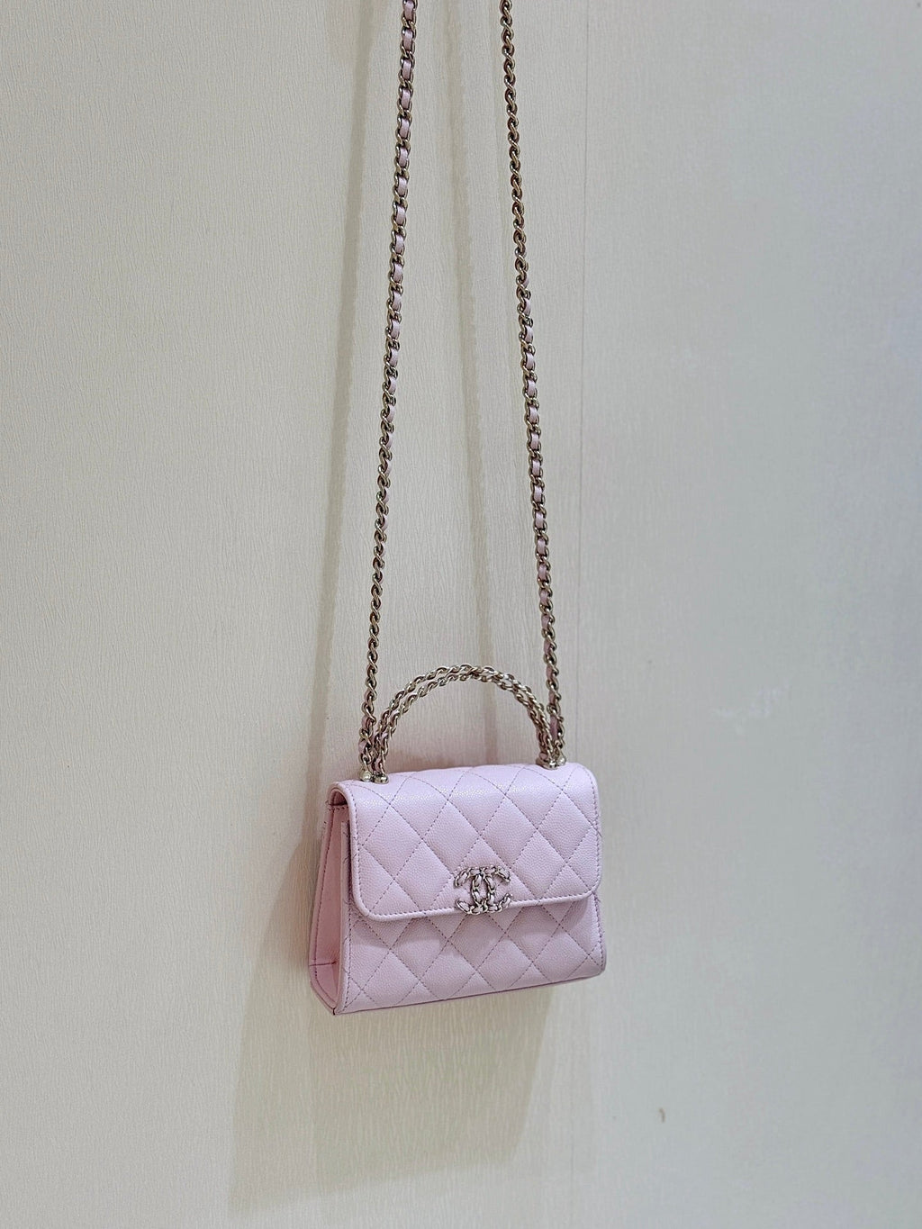 CHANEL QUILTED MINI FLAP BAG WITH HANDLE 14 IN BABY PINK LAMBSKIN GOLD PLATED METAL