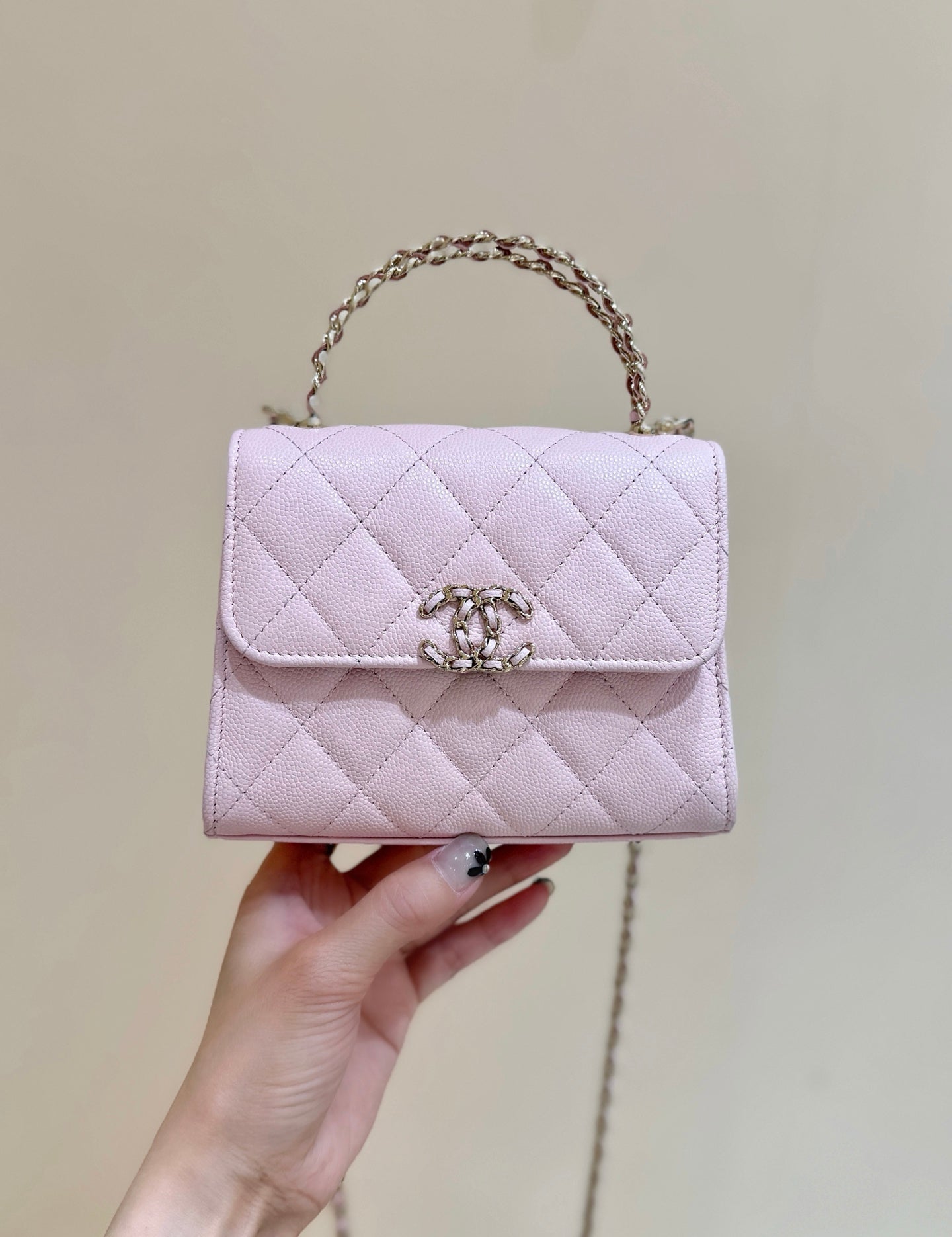 CHANEL QUILTED MINI FLAP BAG WITH HANDLE 14 IN BABY PINK LAMBSKIN GOLD PLATED METAL