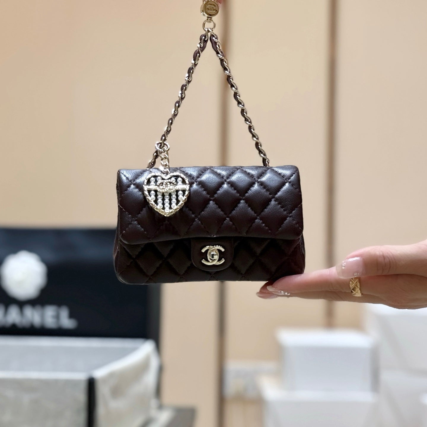 CHANEL 25S  MINI CF BAG 12 IN DARK BROWN LAMBSKIN HEART MODEL
