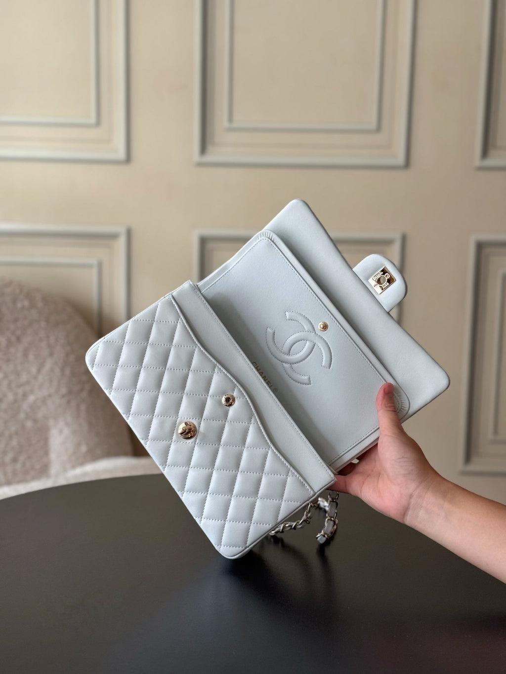 CHANEL 25S CLASSIC FLAP BAG 25 CM IN LIGHT GRAY BLUE LAMBSKIN WITH GOLD HARDWARE