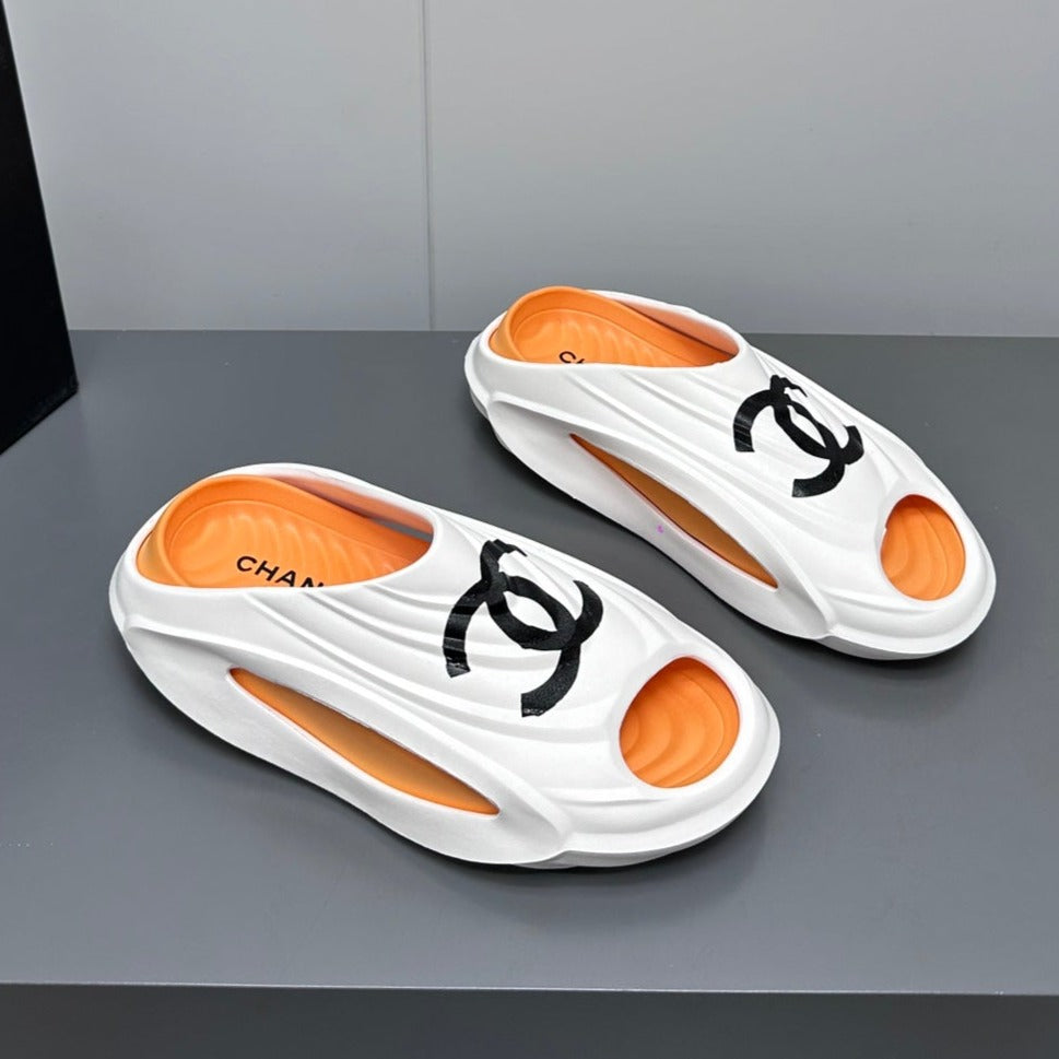 CHANEL New Double C Foam Lightweight Slippers Boat White Orange