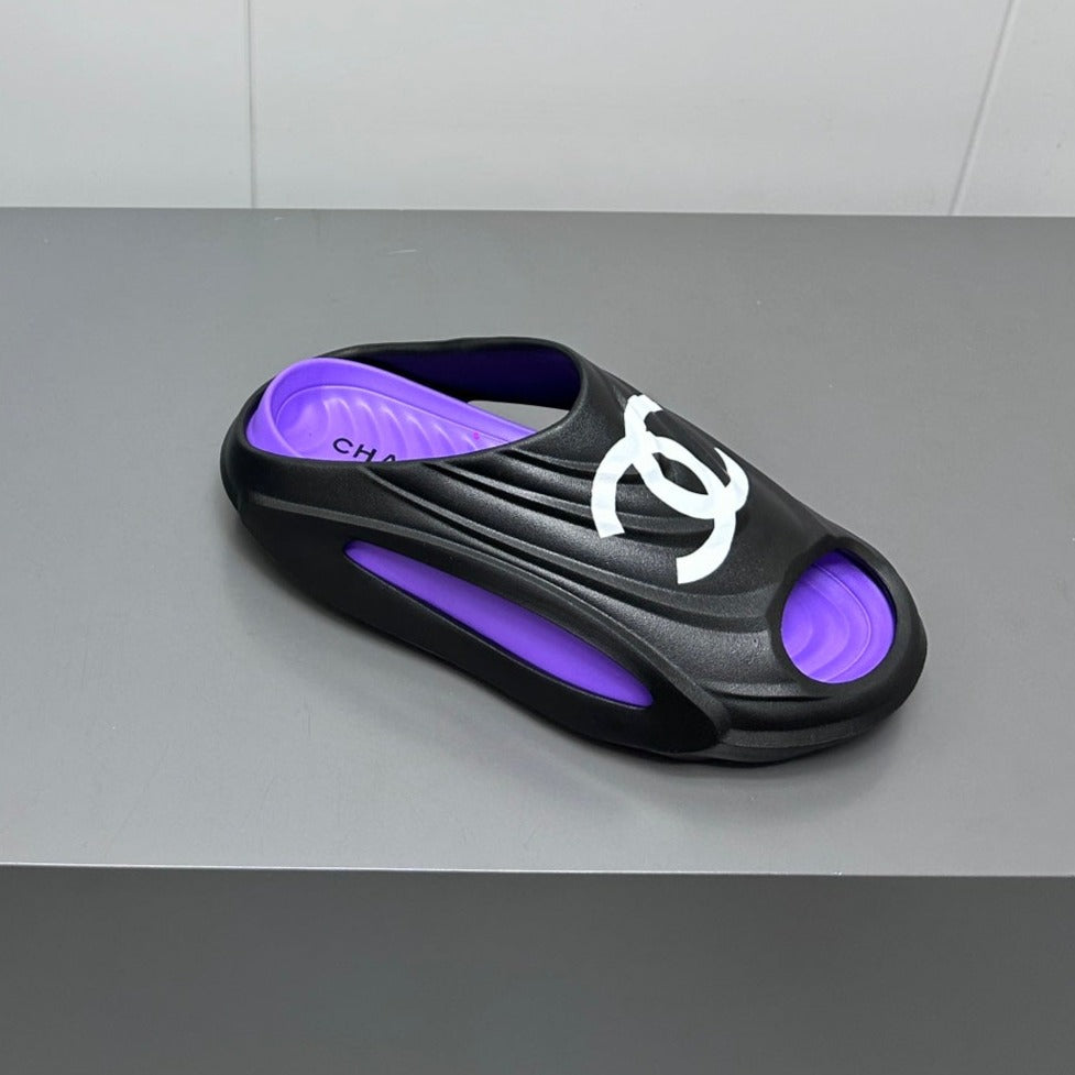CHANEL New Double C Foam Lightweight Slippers Boat Black Purple