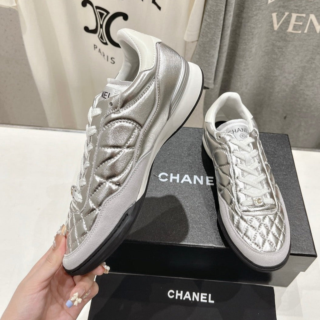 CHANEL Double C  New Quilted Panda Shoes Silver Sheepskin