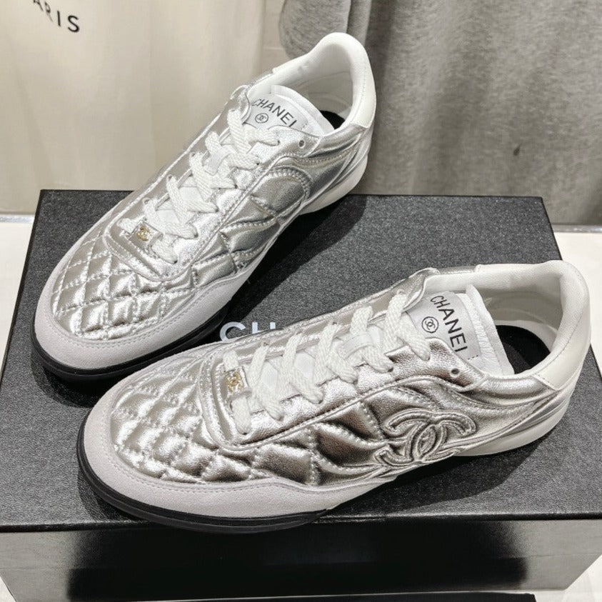 CHANEL Double C  New Quilted Panda Shoes Silver Sheepskin