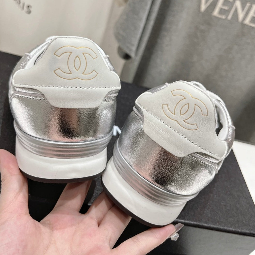 CHANEL Double C  New Quilted Panda Shoes Silver Sheepskin