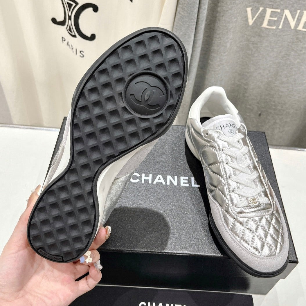 CHANEL Double C  New Quilted Panda Shoes Silver Sheepskin