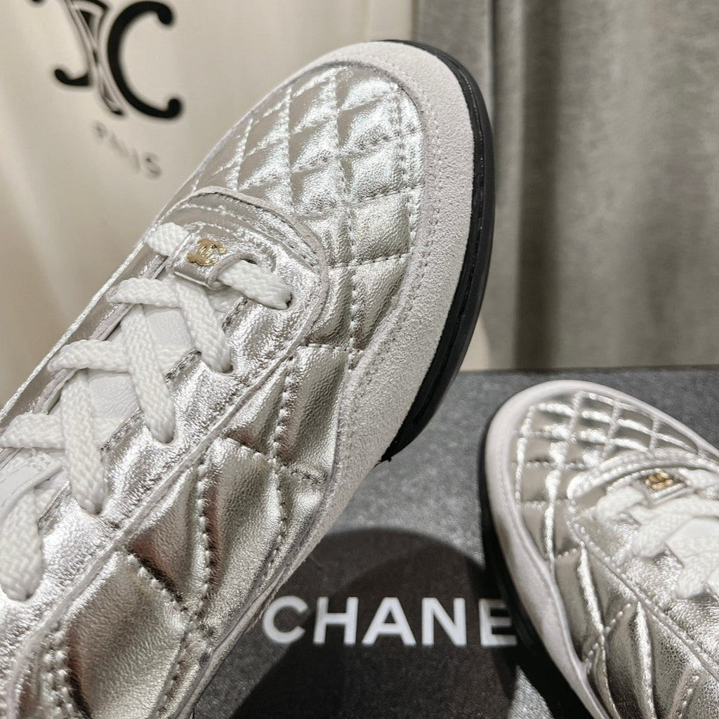 CHANEL Double C  New Quilted Panda Shoes Silver Sheepskin