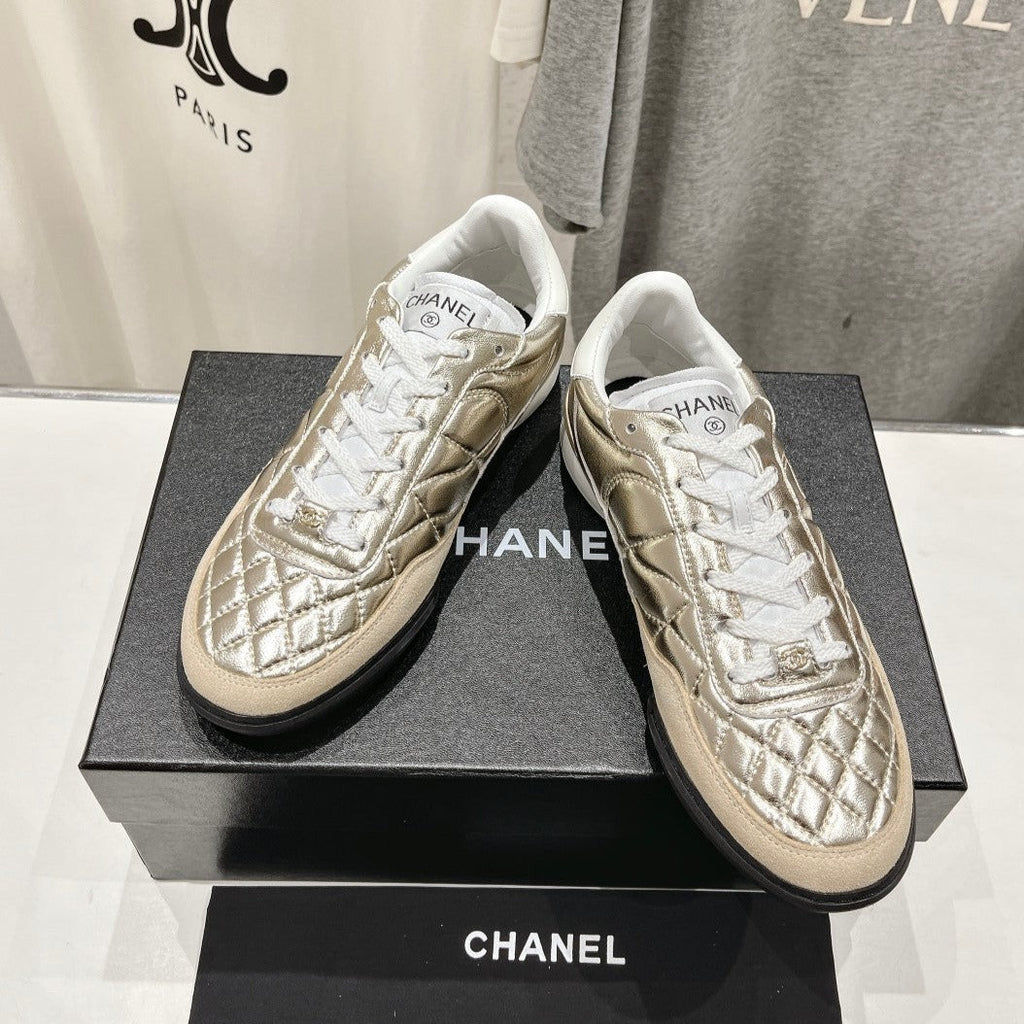 CHANEL Double C  New Quilted Panda Shoes Gold Sheepskin