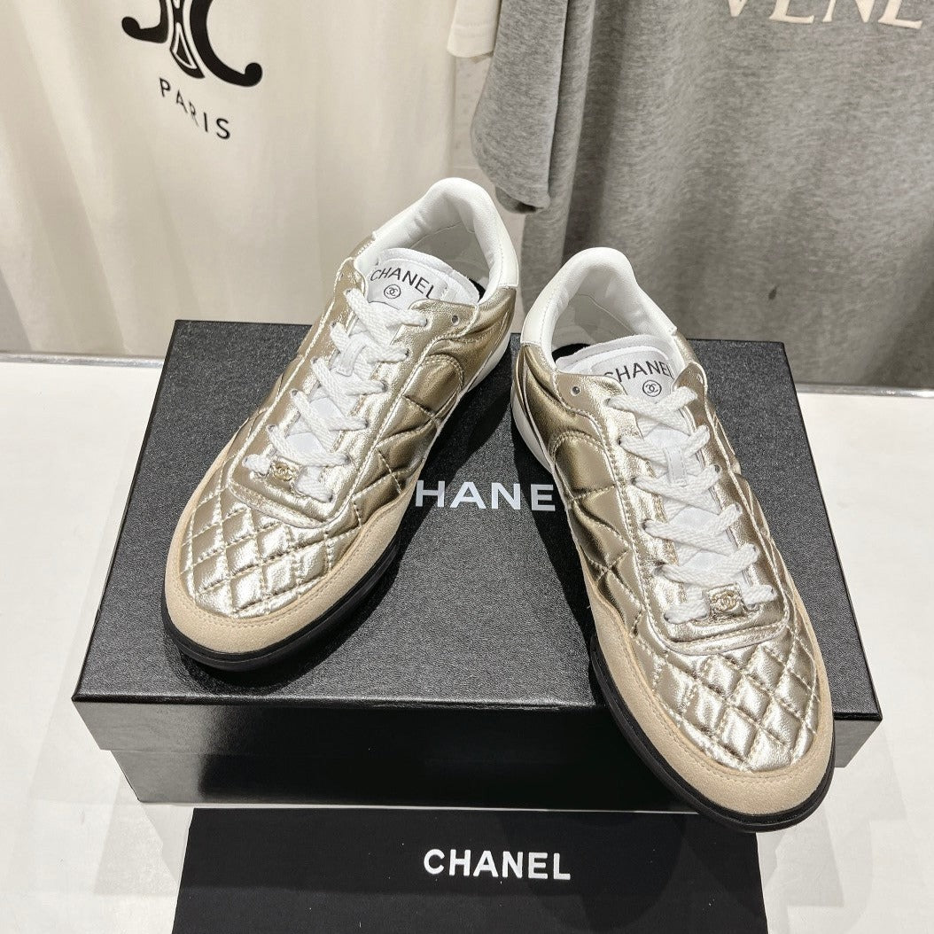CHANEL Double C  New Quilted Panda Shoes Gold Sheepskin