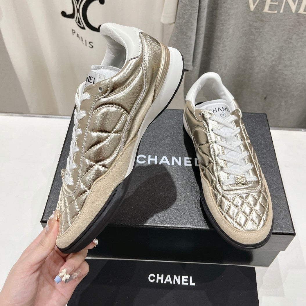 CHANEL Double C  New Quilted Panda Shoes Gold Sheepskin