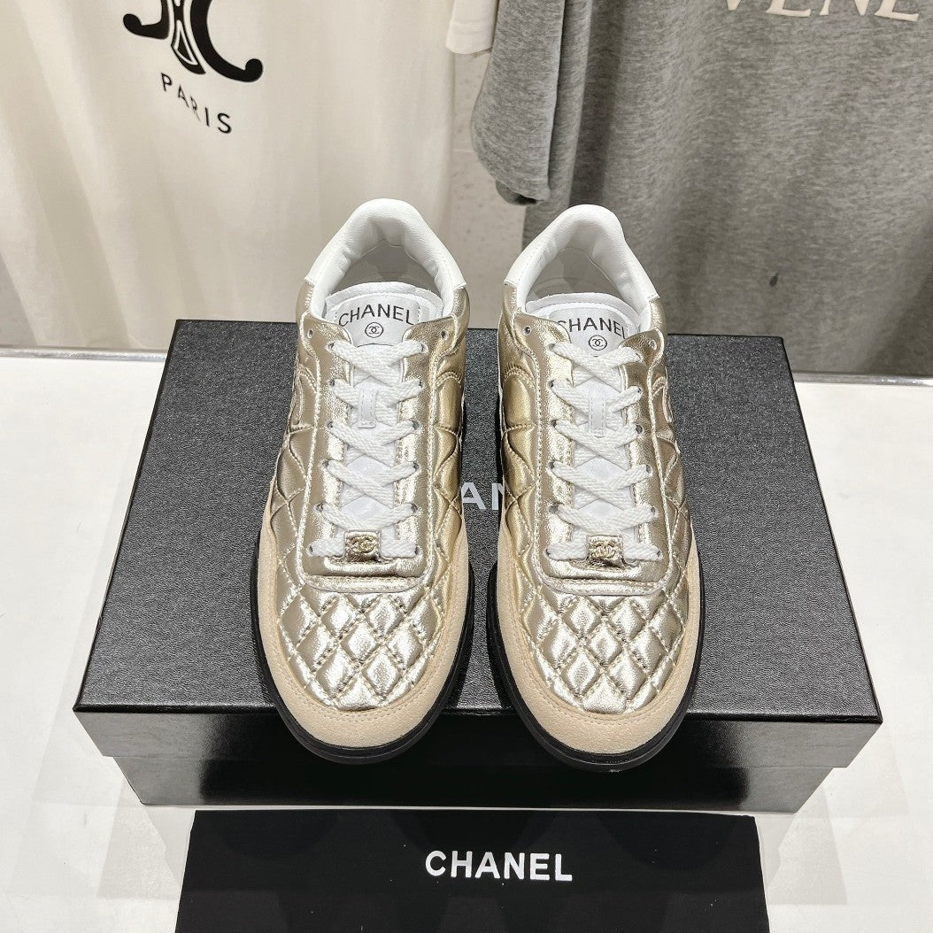 CHANEL Double C  New Quilted Panda Shoes Gold Sheepskin