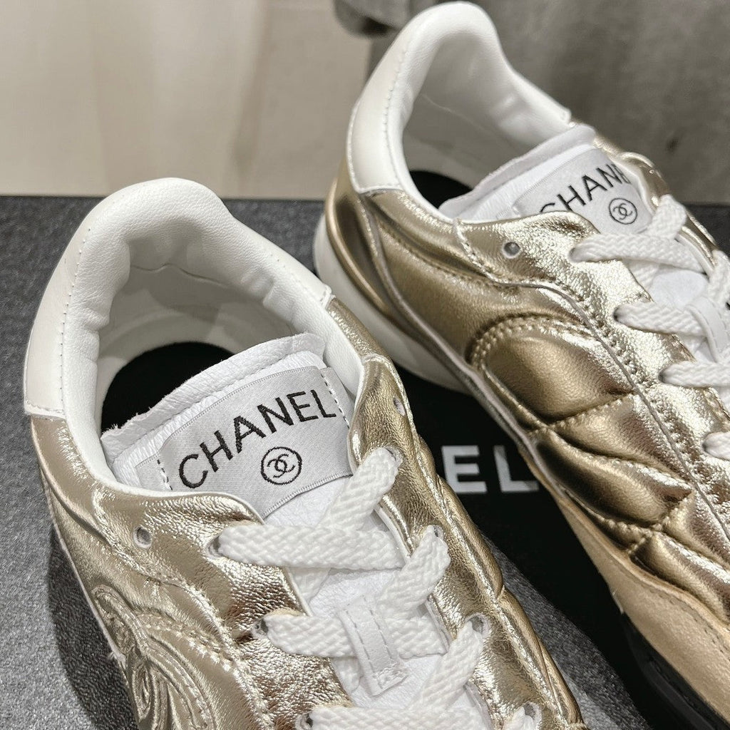 CHANEL Double C  New Quilted Panda Shoes Gold Sheepskin