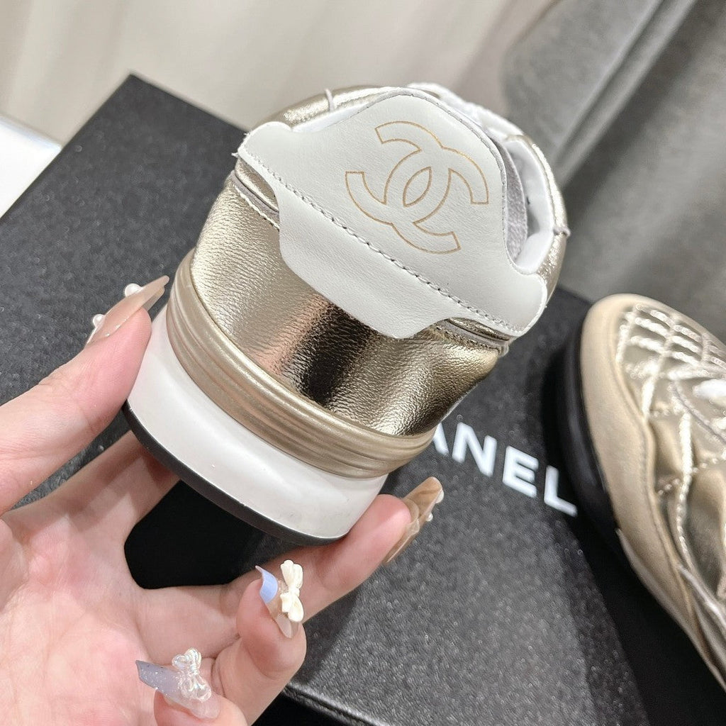 CHANEL Double C  New Quilted Panda Shoes Gold Sheepskin