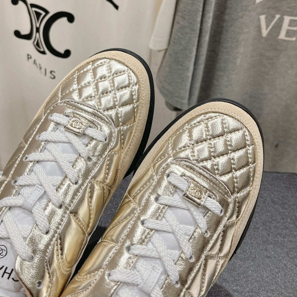 CHANEL Double C  New Quilted Panda Shoes Gold Sheepskin
