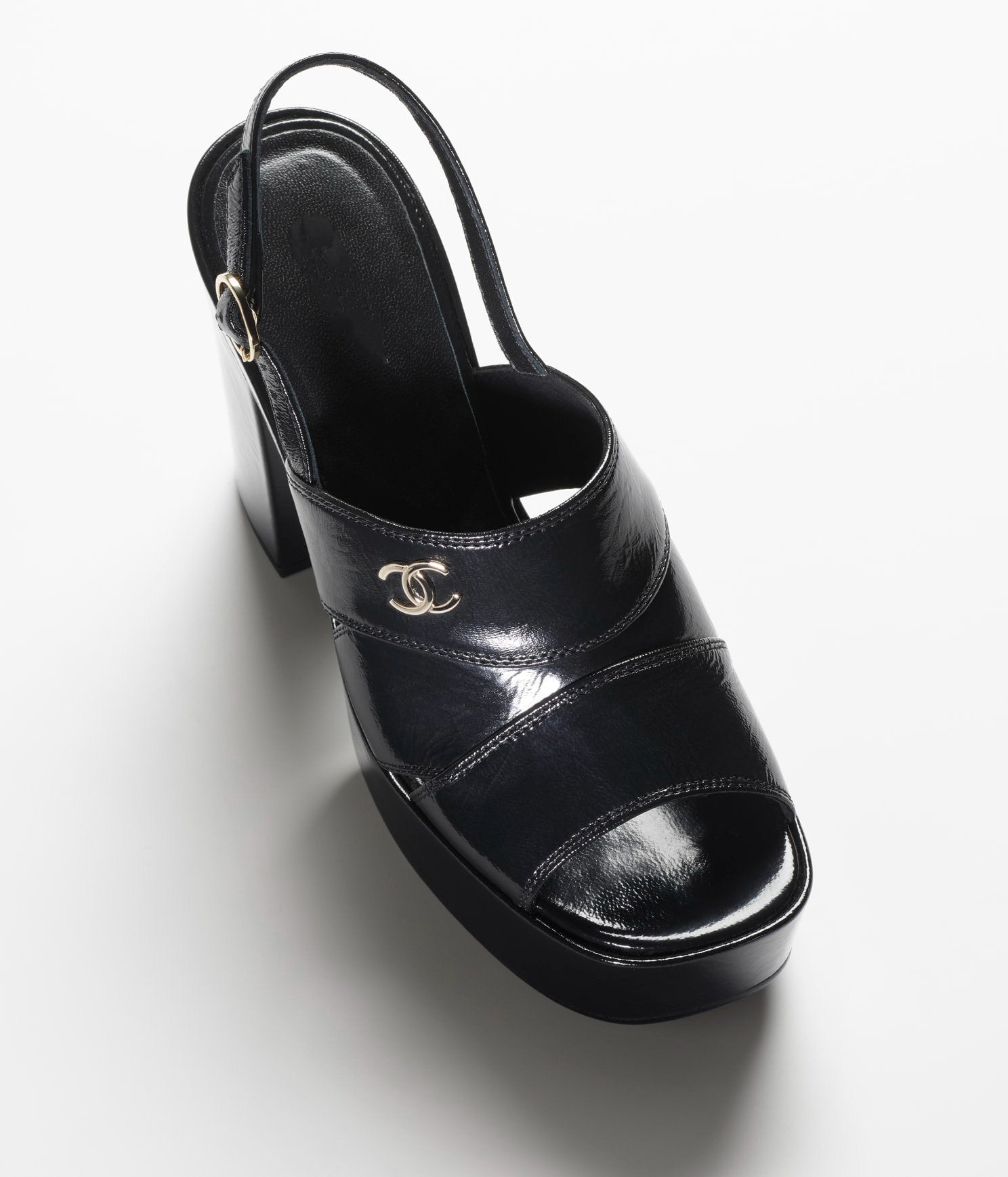 CHANEL SANDALS BLACK PATENT CRUMPLED LAMBSKIN