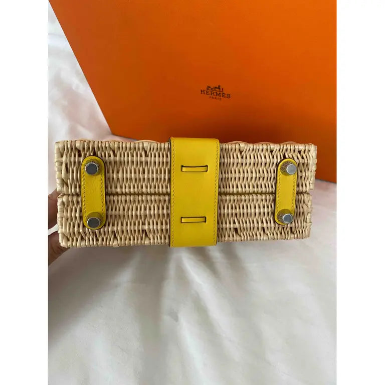 HERMES KELLY 20CM JAUNE DE NAPLES SWIFT IN YELLOW LEATHER AND WICKER SILVER HARDWARE